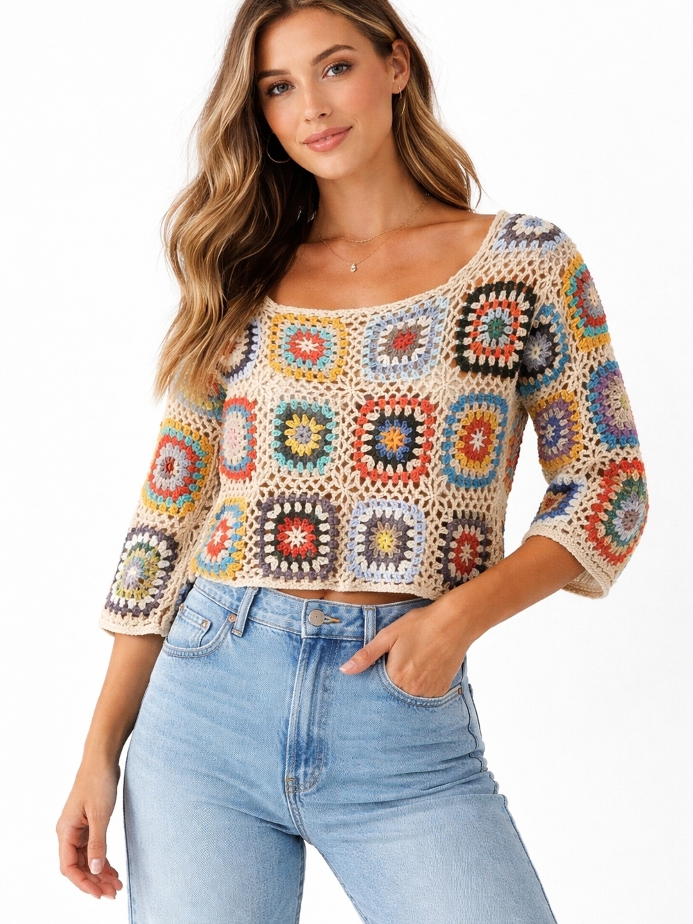 Crochet Granny Square Patchwork Sweater Multicolor Boho Festival L/XL